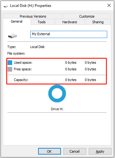 external hard drive shows 0 bytes 1