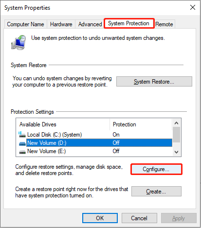 turn on off system protection 1