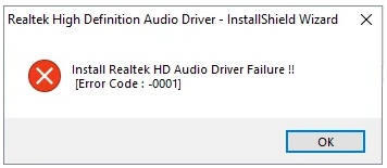 install realtek audio driver failure error code 0001 1