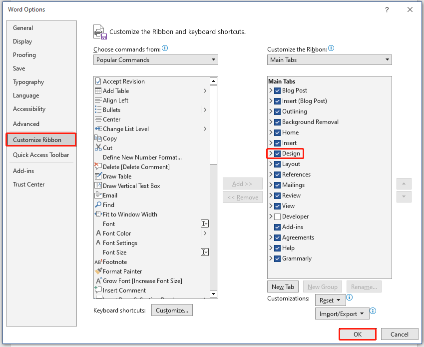 missing design tab in word 365 1