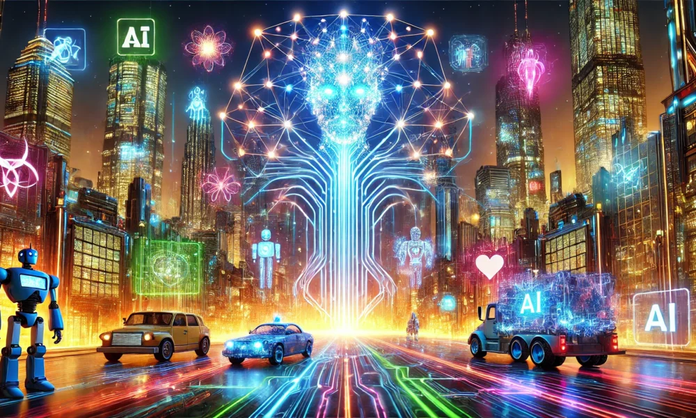 DALL·E 2025 02 05 19.25.06 A futuristic AI powered cityscape with vibrant neon lights and bright glo