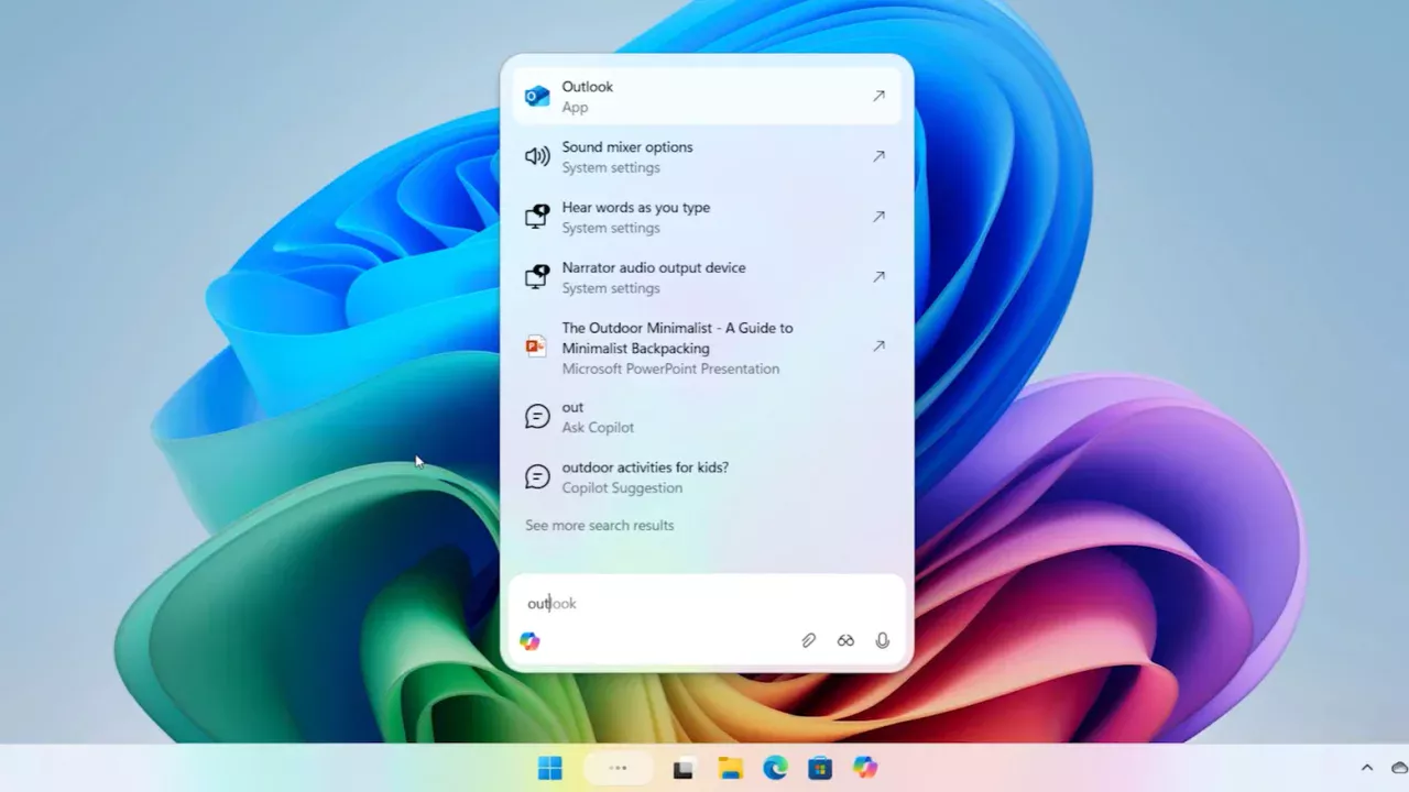 Tampilan integrasi Copilot di kotak pencarian Taskbar Windows 11