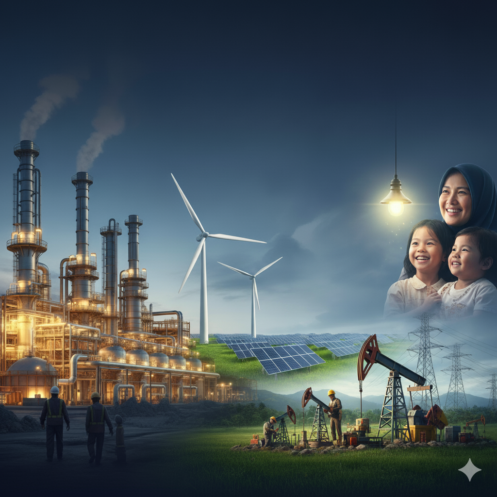 Ilustrasi transformasi energi di Indonesia, menampilkan kombinasi energi terbarukan, industrialisasi, dan infrastruktur listrik desa.