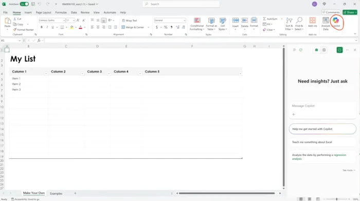 Antarmuka Microsoft Copilot di Excel