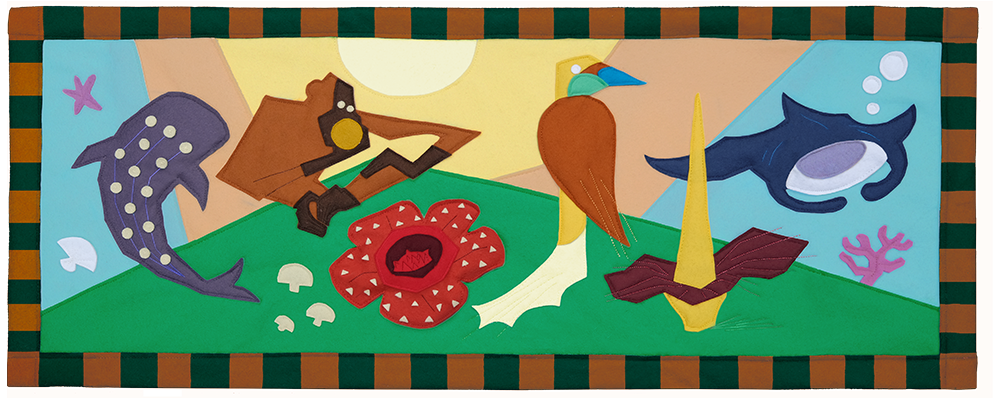 Google Doodle Hari Cinta Puspa & Satwa Nasional 2025 dengan ilustrasi flora dan fauna Indonesia