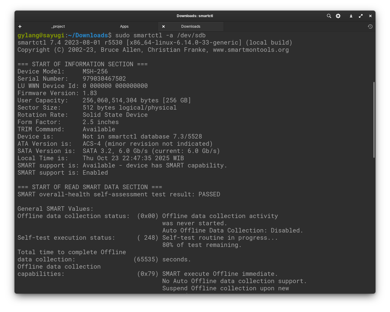 Cek Kesehatan SSD di Linux - Panduan Lengkap & Terpercaya, Dijamin Aman! 10 Output lengkap smartctl -a yang menunjukkan data SMART SSD