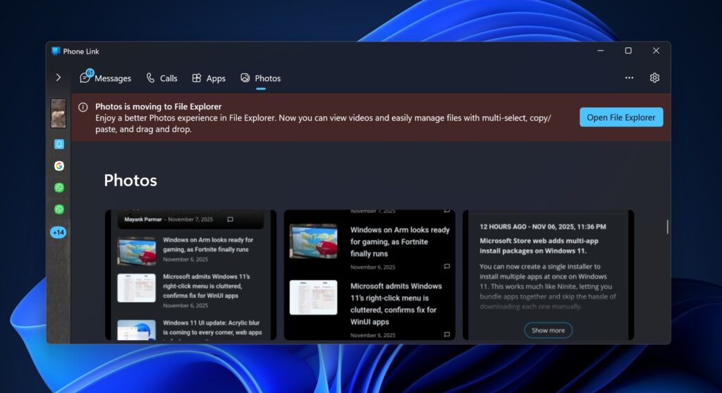 Notifikasi 'Photos is moving to File Explorer' di aplikasi Phone Link