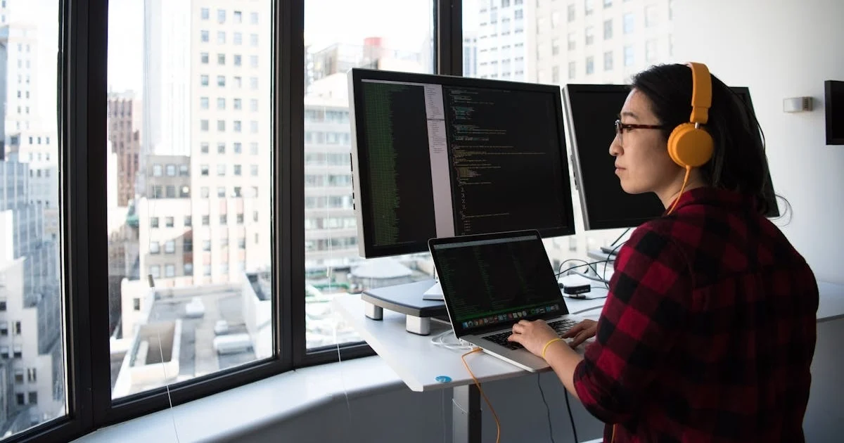 Developer menganalisis kode pada layar, merepresentasikan arsitektur digital commerce yang kompleks