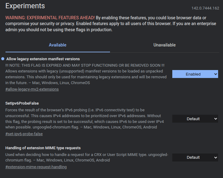 Mengaktifkan Allow legacy extension manifest versions di Ungoogled Chromium