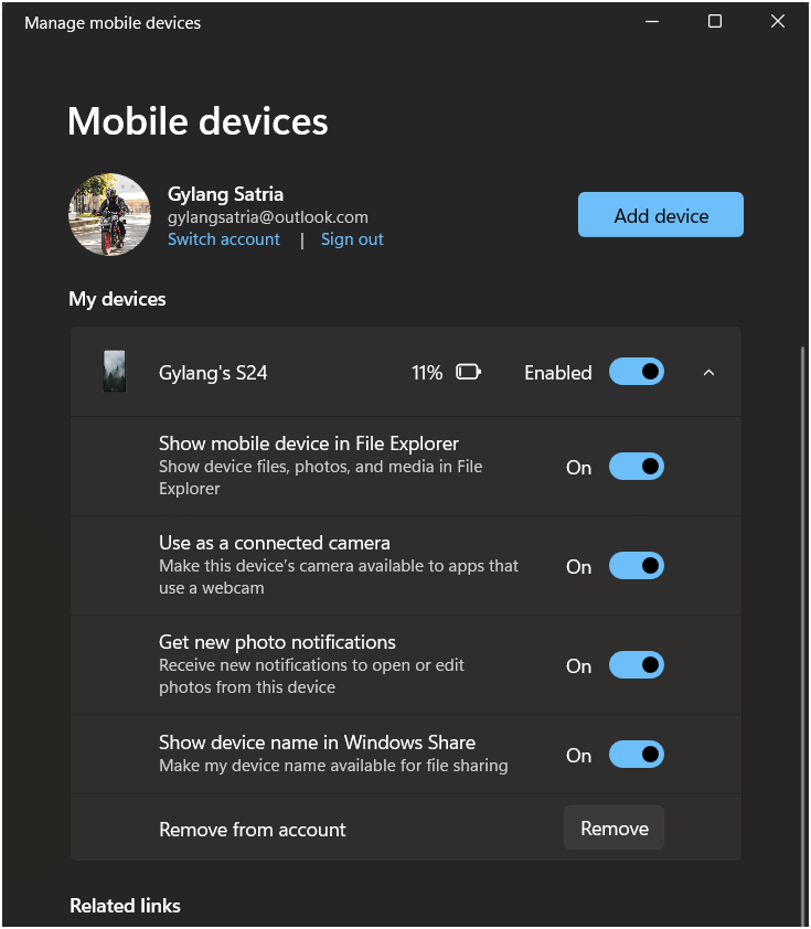 Opsi 'Show mobile device in File Explorer' di Pengaturan Windows 11